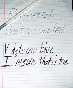 A poem: Roses are red. Don't call me Fred. Violets are blue. I'm sure that is true.